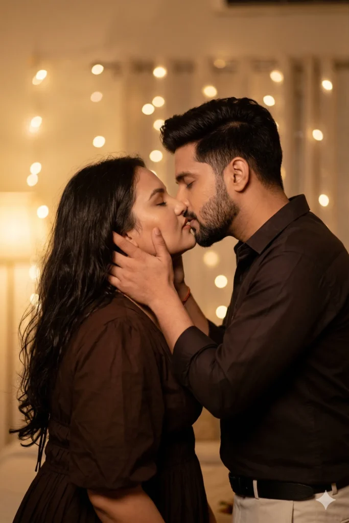 Romantic couple love kiss AI photo with soft lighting and natural emotion