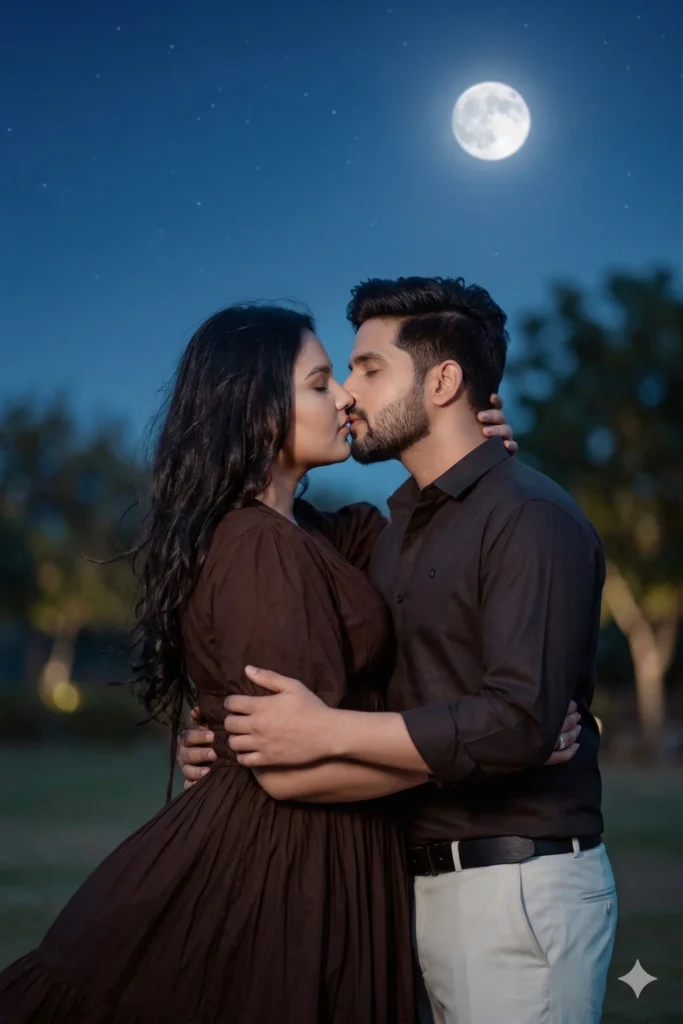 Night cinematic couple kiss photo with glow lighting effect