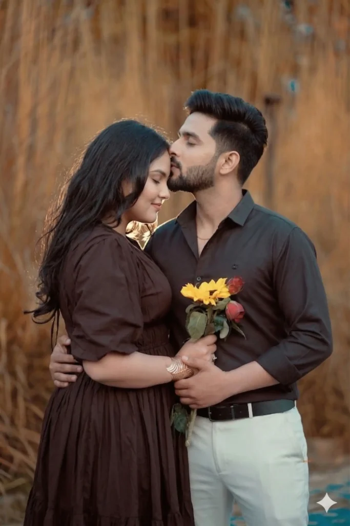 Beautiful couple love kiss moment with dreamy aesthetic background