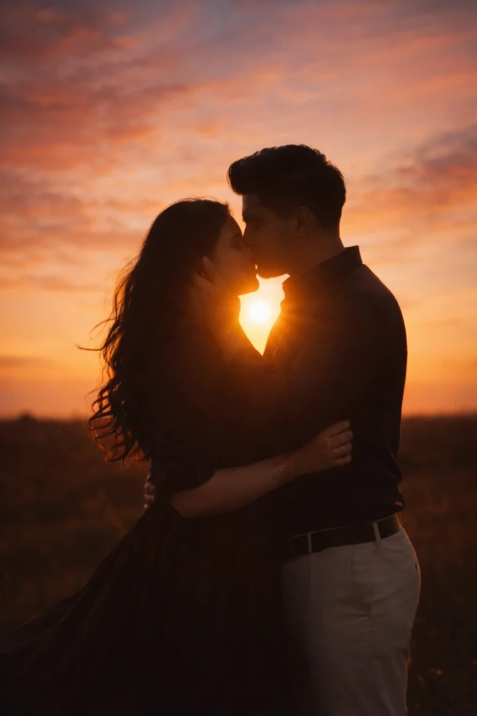 Cute couple love kiss pose with warm sunset background