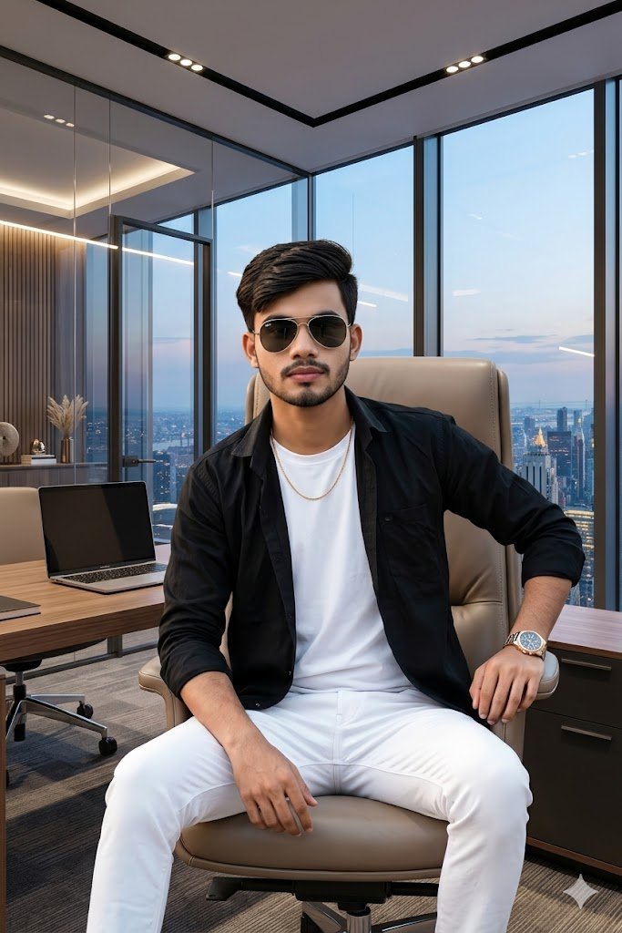 Confident young man sitting in a luxury modern office, black open shirt, white inner t-shirt, premium watch, desk and city view behind him.