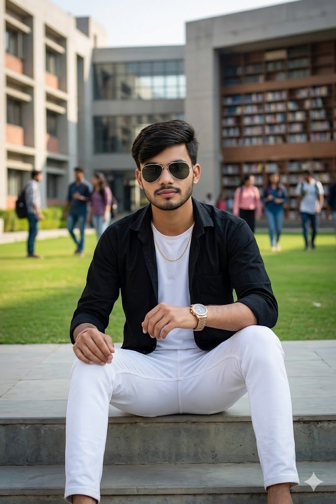 Smart young man posing on a modern college campus, stylish casual outfit with sunglasses, library building and green lawn in background.