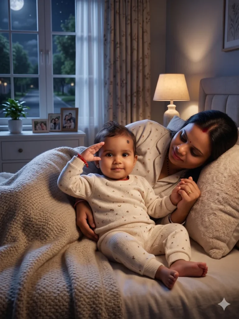 Cute baby resting beside her mother on a cozy bed wearing soft nightwear with warm lamp light.