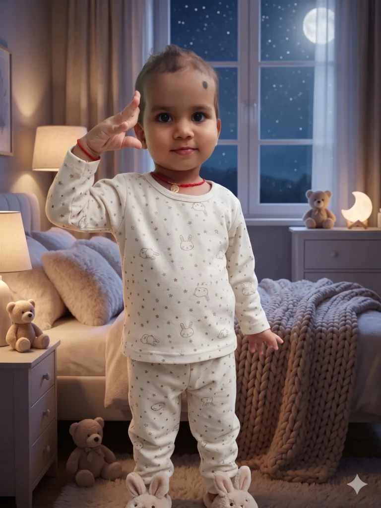 Cute baby resting beside her mother on a cozy bed wearing soft nightwear with warm lamp light.