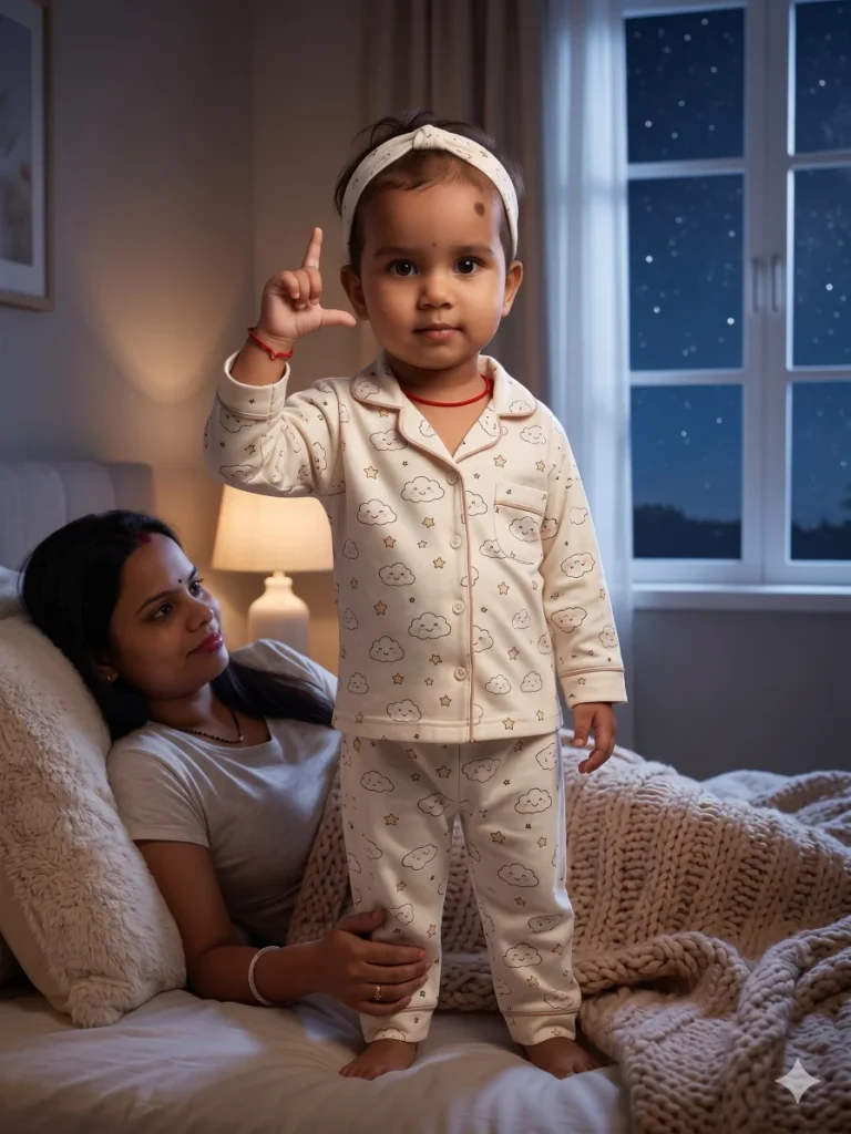 Cute baby in a cozy bedroom wearing soft nightwear on a bed with pillows and warm lamp light.