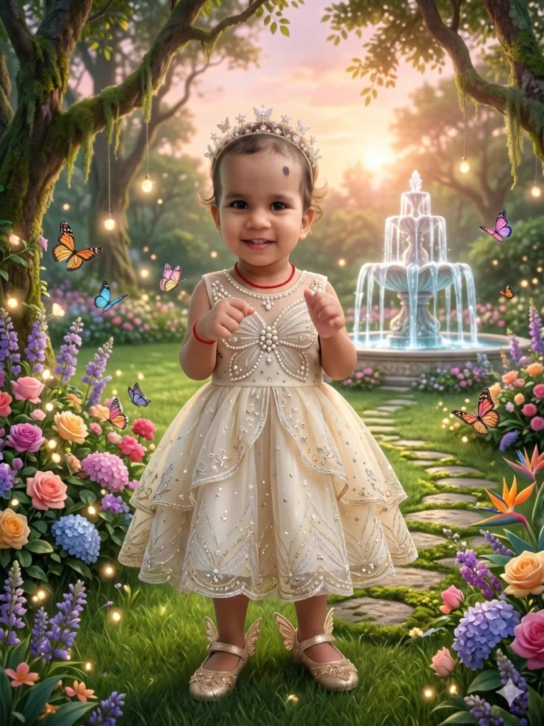 Cute baby in a magical garden wearing a fairy dress with crown, flowers, butterflies, and glowing lights.