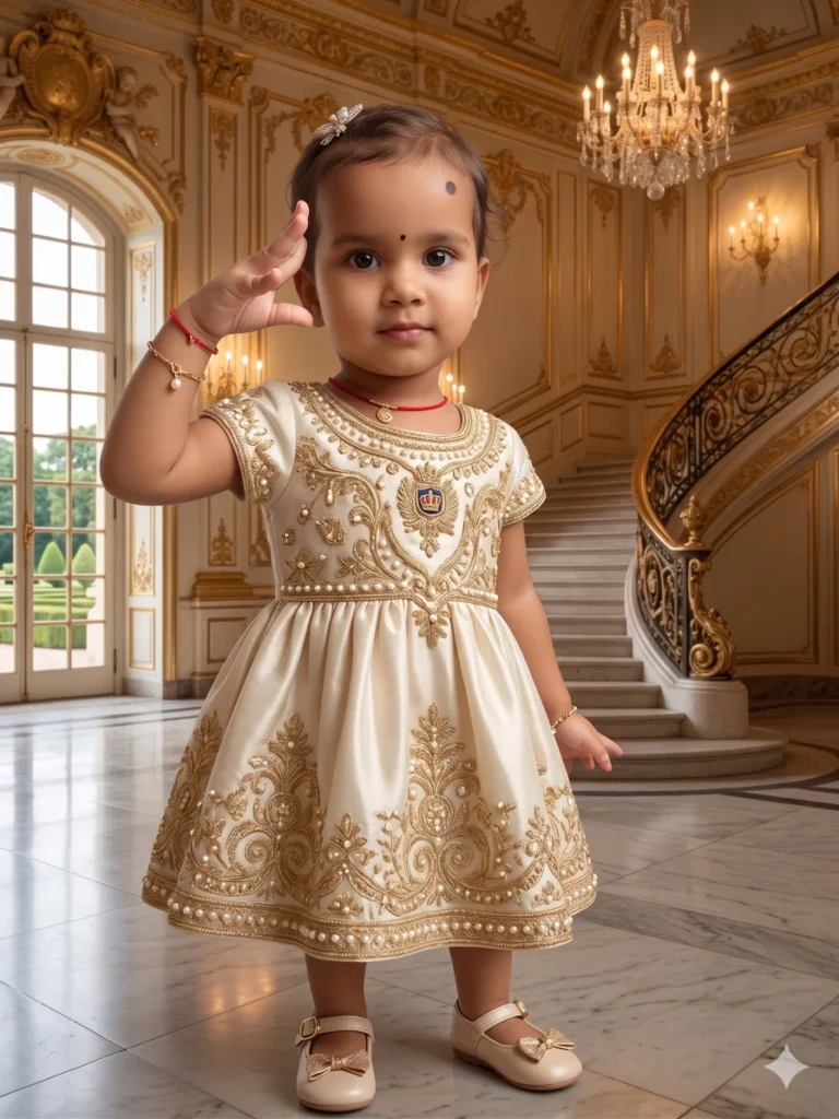 Royal Palace Baby AI Photo Editing Prompt with Same Face and Designer Dress