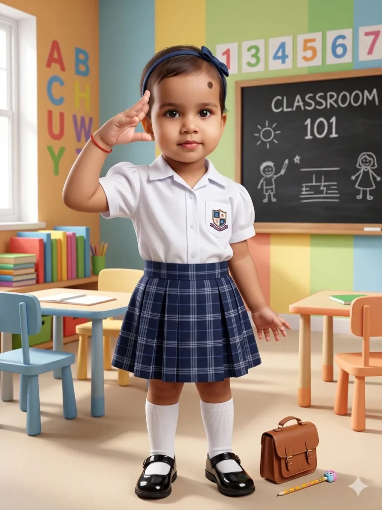 Cute baby in a classroom wearing a neat school uniform with books, chairs, and colorful walls.