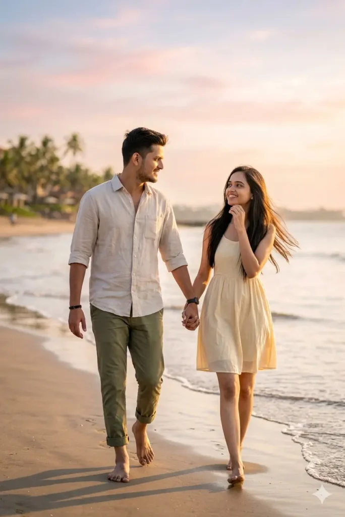 Couple walking on beach during sunset created using AI photo prompt