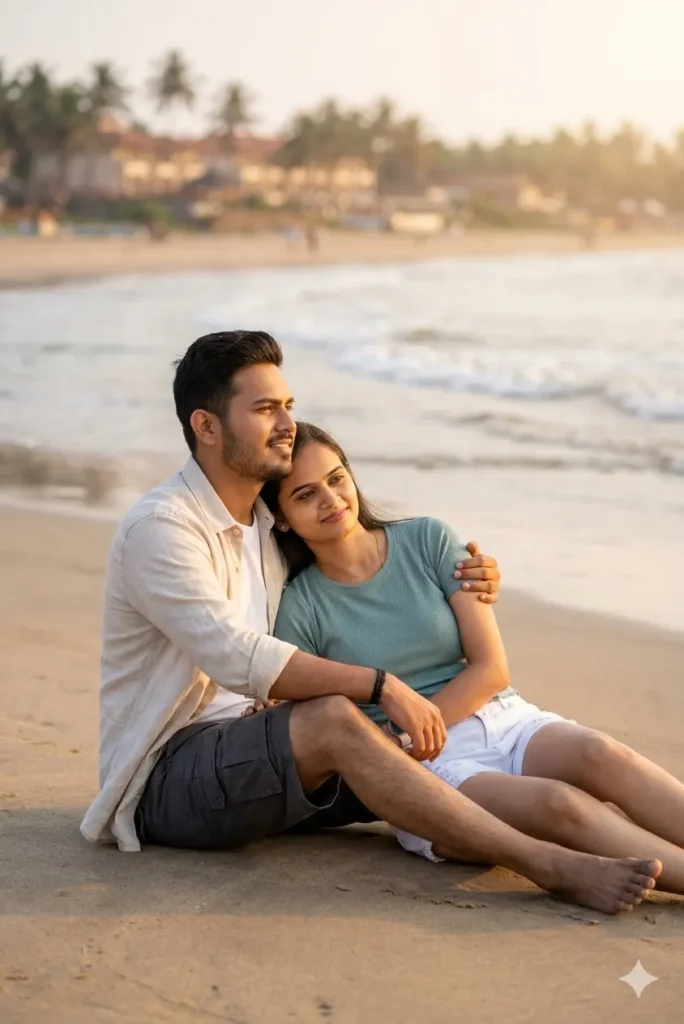 AI photo of couple hugging on beach with cinematic sunset view