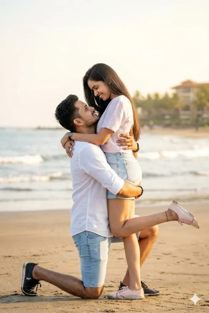 Anup Sagar AI Photo Love: Romantic couple beach sunset AI photo with golden light and ocean background