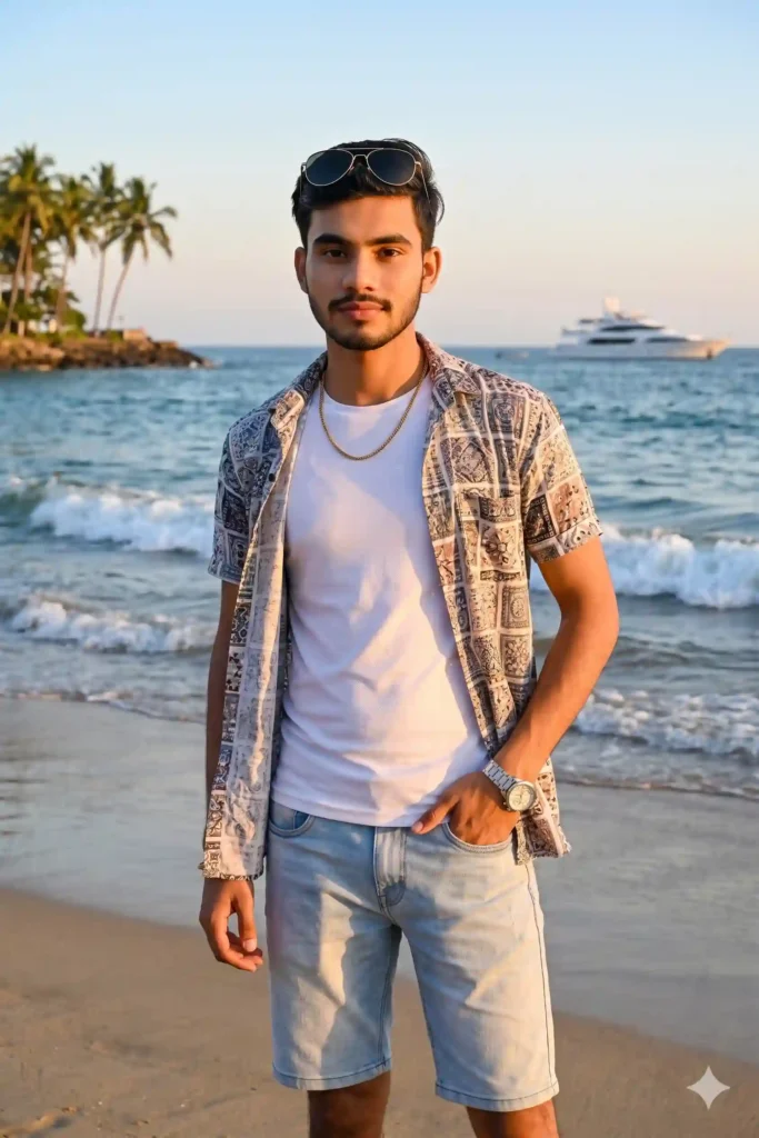 Stylish young man standing confidently on a sandy beach during sunset, wearing a printed open shirt, white t-shirt, denim shorts, gold chain, watch, and sunglasses on head. Ocean waves, palm trees, and a luxury yacht in the background with warm golden light.