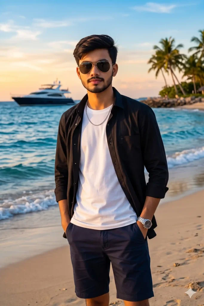 Fashionable young man standing near the sea with attitude pose, black or maroon shirt, white inner t-shirt, fitted pants, sunglasses, and tropical beach view.