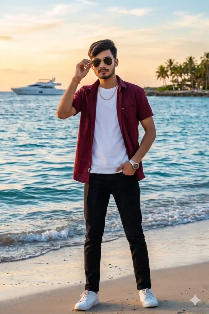 Fashionable young man standing near the sea with attitude pose, black or maroon shirt, white inner t-shirt, fitted pants, sunglasses, and tropical beach view.