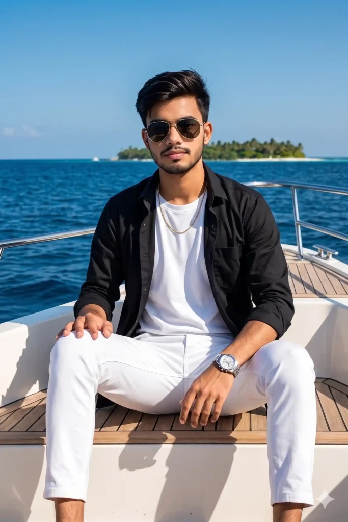 Stylish young man sitting on a luxury yacht deck, wearing open shirt, white inner t-shirt, white pants, sunglasses, and gold chain with blue sea background.